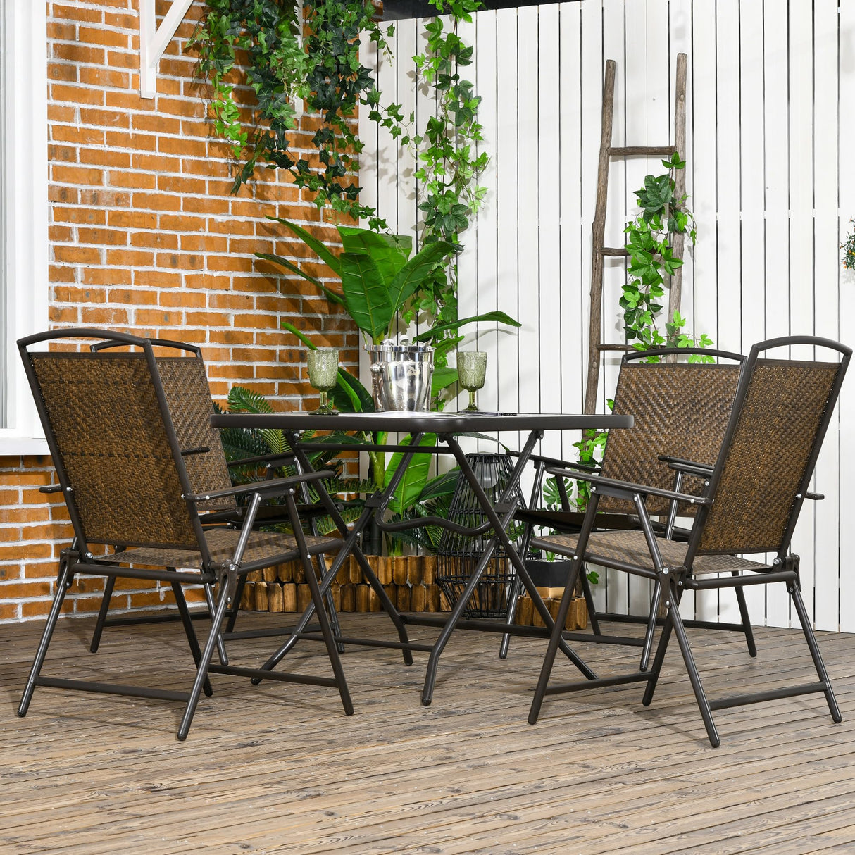 Outsunny 5 Pieces Wicker Patio Dining Set, Foldable Outdoor Table and Chairs, Wicker Furniture Dining Set with Umbrella Hole, Tempered Glass Table, Dark Brown Outsunny