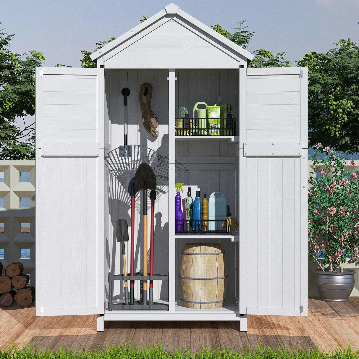 GDFStudio 67" Fir Wood Storage Shed 2 Doors Design Outdoor Tool Storage House Cabinet with Sloped Roof & 4 Interior Compartments for Garden Patio Backyard, White GDFStudio