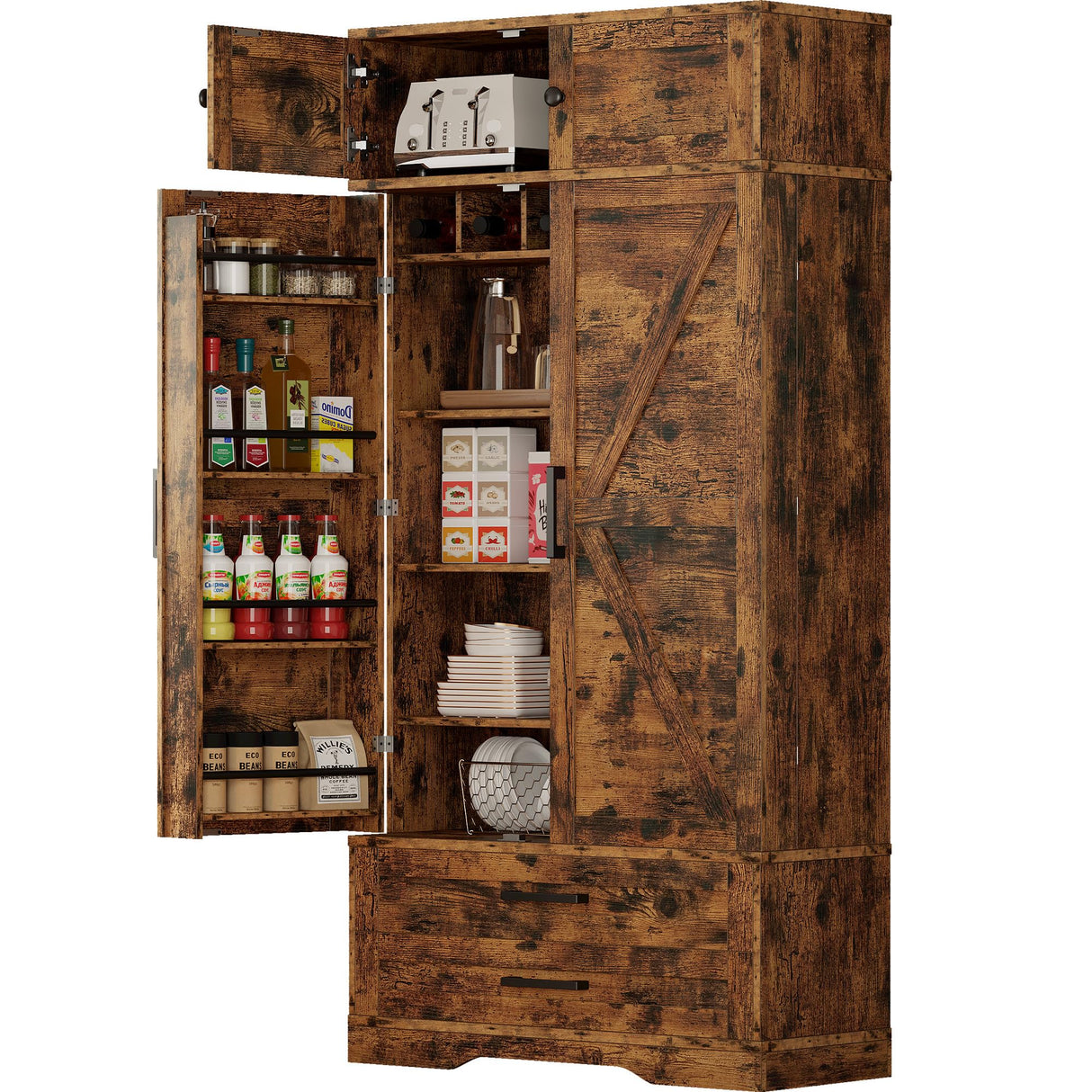IRONCK Kitchen Pantry 72" Height, with 8 Hanging Shelves, 2 Drawers and Open Storage Cabinet, Freestanding Cupboard for Dining Room Living Room,Vintage Brown IRONCK