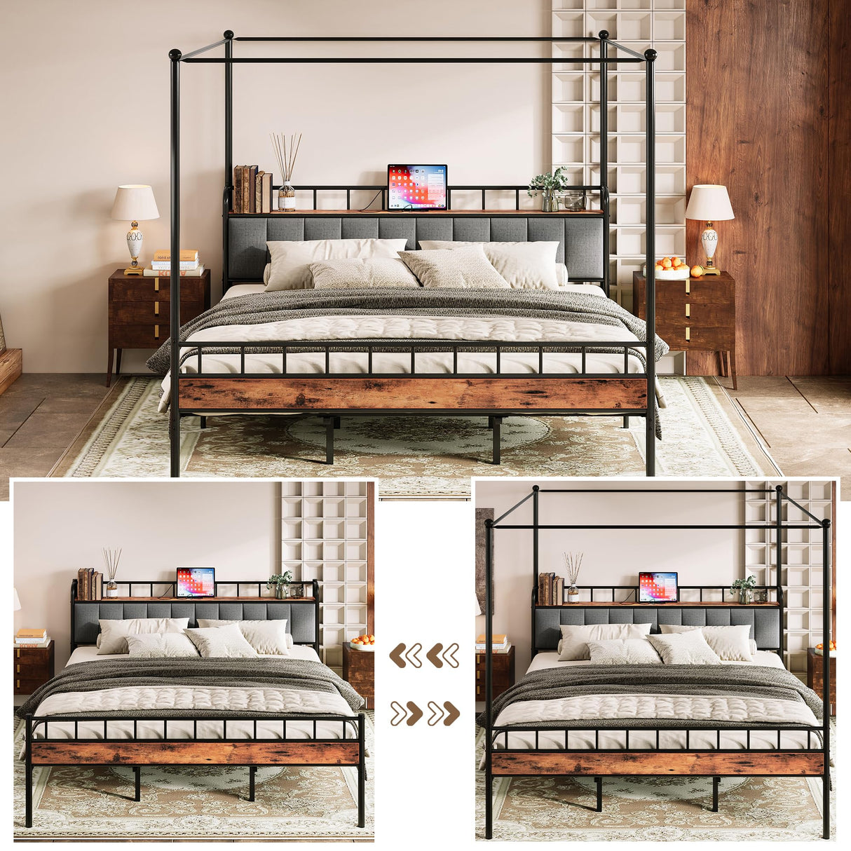 LIKIMIO Canopy Bed Frame King, Storage Headboard with Charging Station, Platform Bed with 4 Removable Sturdy Posts, Noise Free, No Box Spring Needed, Vintage Brown LIKIMIO