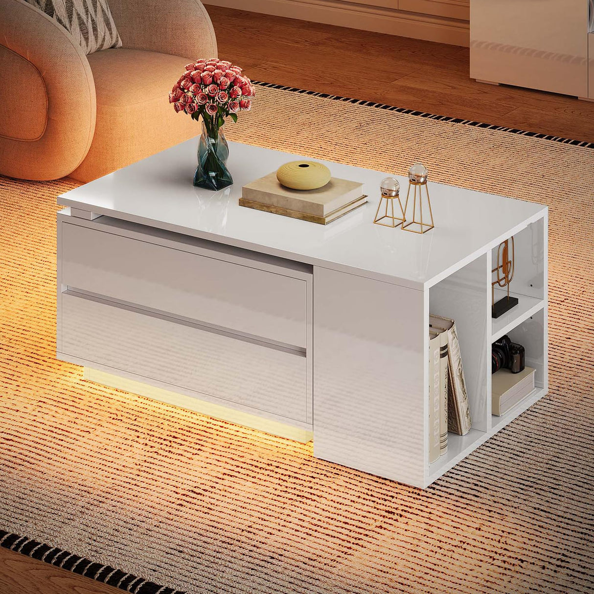 YITAHOME LED Coffee Table with Storage 4 Drawers, Modern Coffee Tables for Living Room, Wooden Rectangle Extendable Center Table with Open Shelves & Sliding Tabletop 35"- 61" for Home Office, White YITAHOME