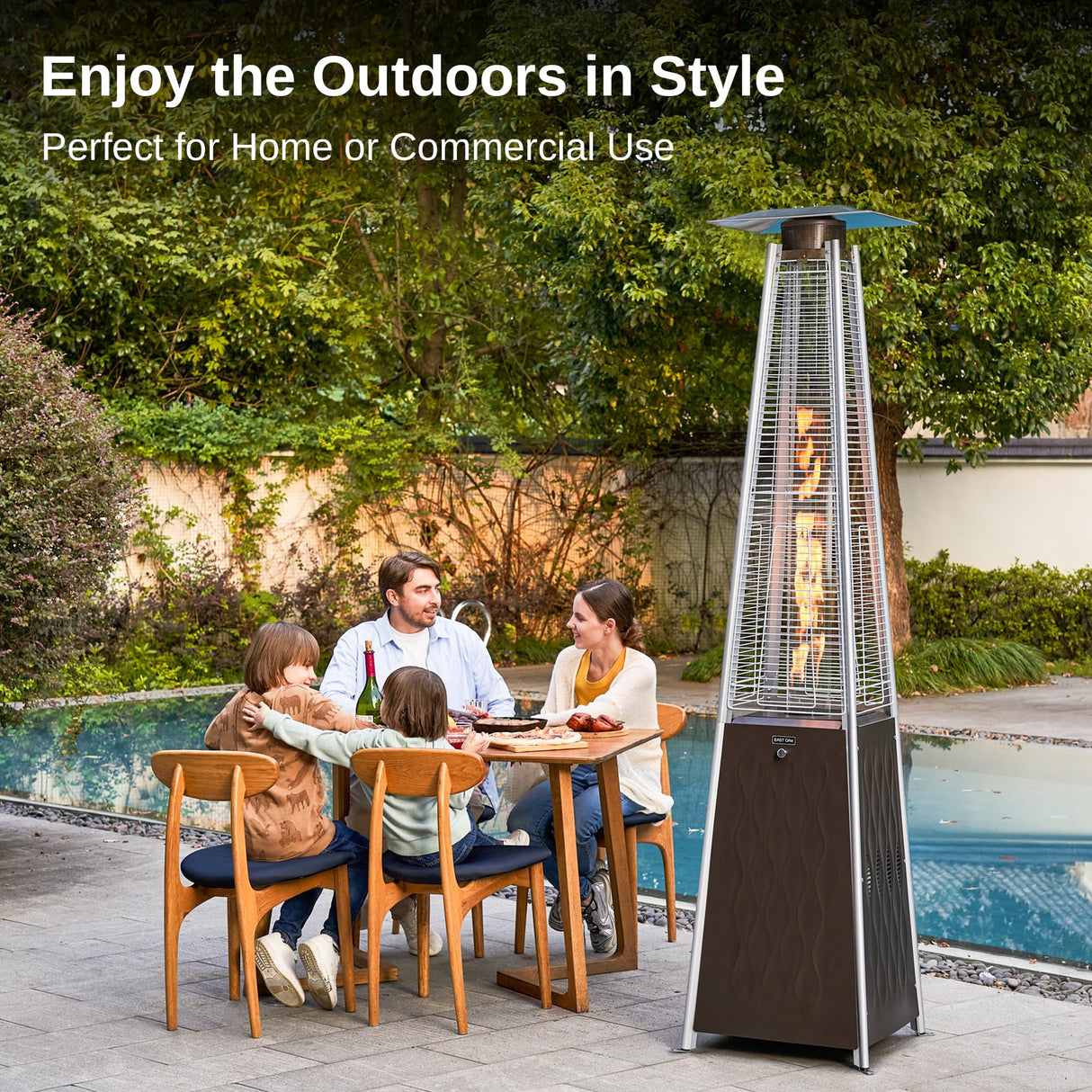 EAST OAK Pyramid Patio Heater, 48,000 BTU Outdoor Patio Heater, Quartz Glass Tube Propane Heater, Triple Protection System, With Wheels, Outdoor Heater for Commercial & Residential, Brown EAST OAK