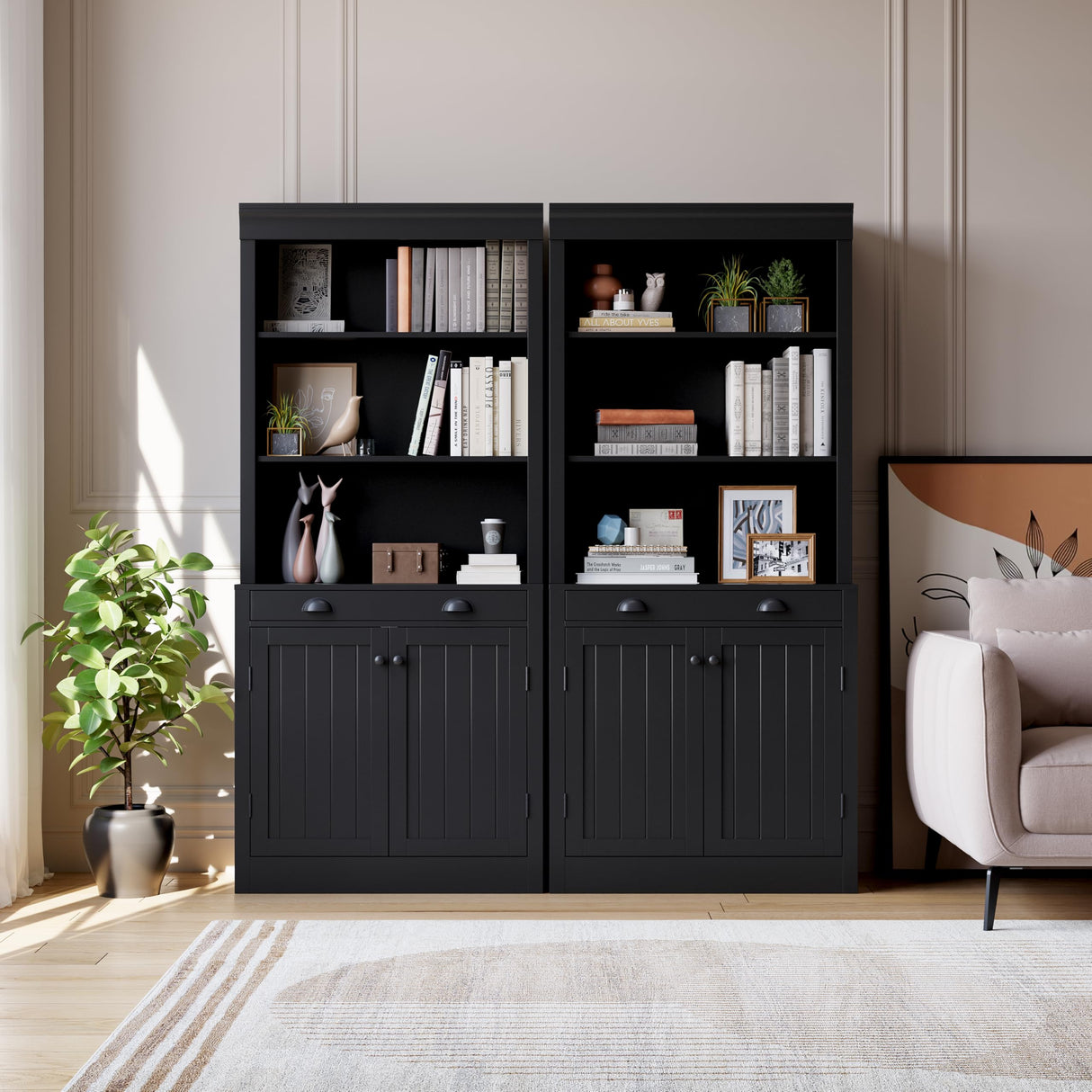 GarveeHome Tall Black Bookshelf with 2 Doors and 1 Drawer, 70 in Bookcase, Pantry Sideboard with Adjustable Shelf, Wooden Storage Cabinet for Living Room, Office GarveeHome