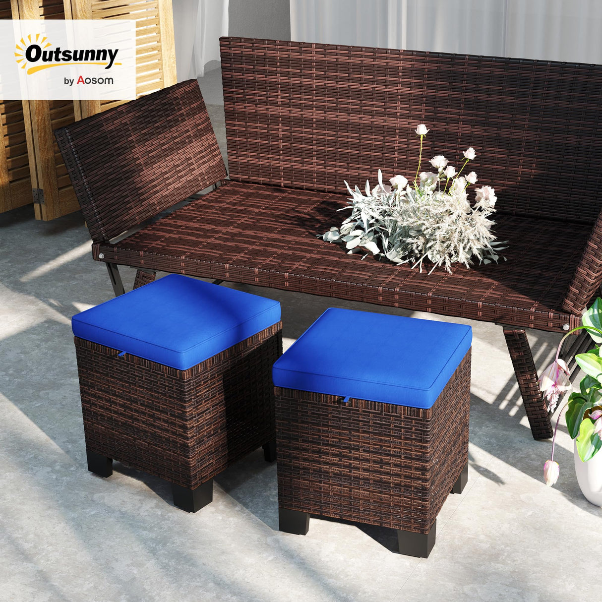 Outsunny 2 Pieces Outdoor Patio Ottomans, All Weather Wicker Outdoor Footstools with Removable Cushions, 3-in-1 PE Rattan Ottoman Seat, Footrest and Side Table for Backyard, Poolside, Dark Blue Outsunny