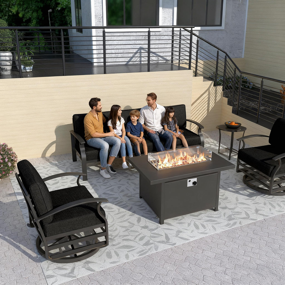 Gotland Outdoor Aluminum Patio Furniture Set with Fire Pit Table, 5 Pieces Metal Patio Furniture with 2 Swivel Rocking Chairs Waterproof 5.1'' Seat Cushions, for Garden Balcony Porch Gotland