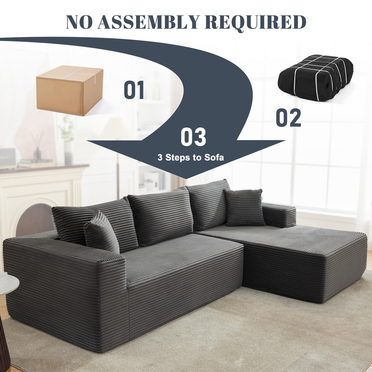 Mangodan 110” Cloud Sectional Couch, Boneless Sofa for Living Room, Modular Sectional Sofa with Deep Seat, Fluffy Couch with L-Shaped Chaise, No Assembly Required (Right-Facing Chaise, Dark Grey) Mangodan