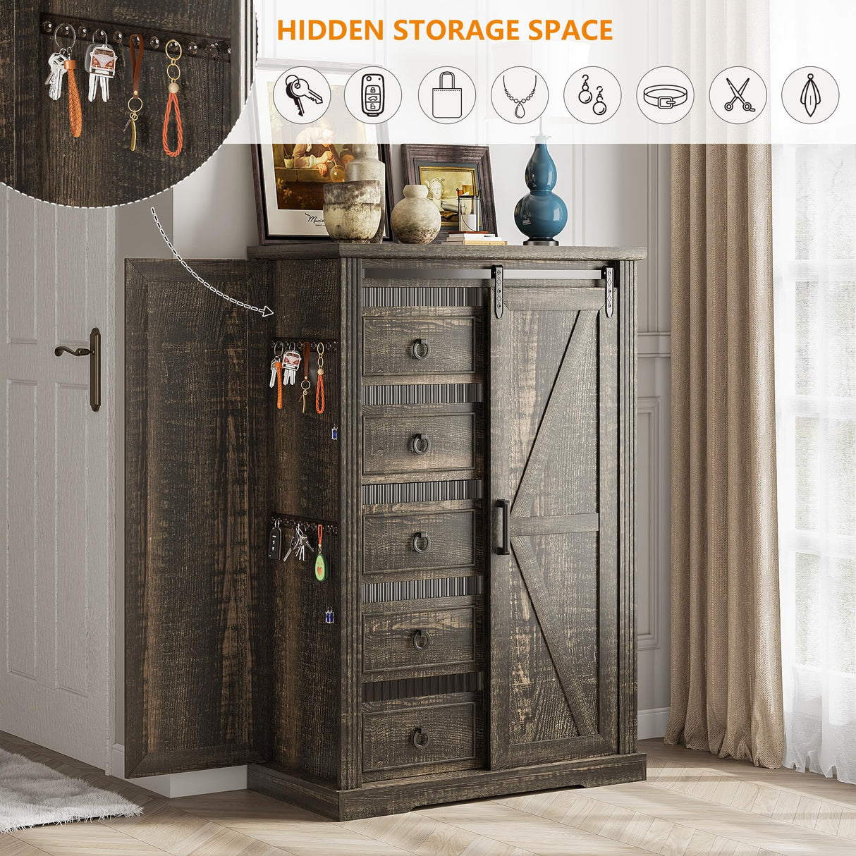 Farmhouse Dresser for Bedroom w/Sliding Barn Door, 5 Drawers Wood Dresser with LED Lights, Chest of Drawers Tall Dressers for Bedroom, Living Room, Hallway, Kids Room, Antique White TAGELIER