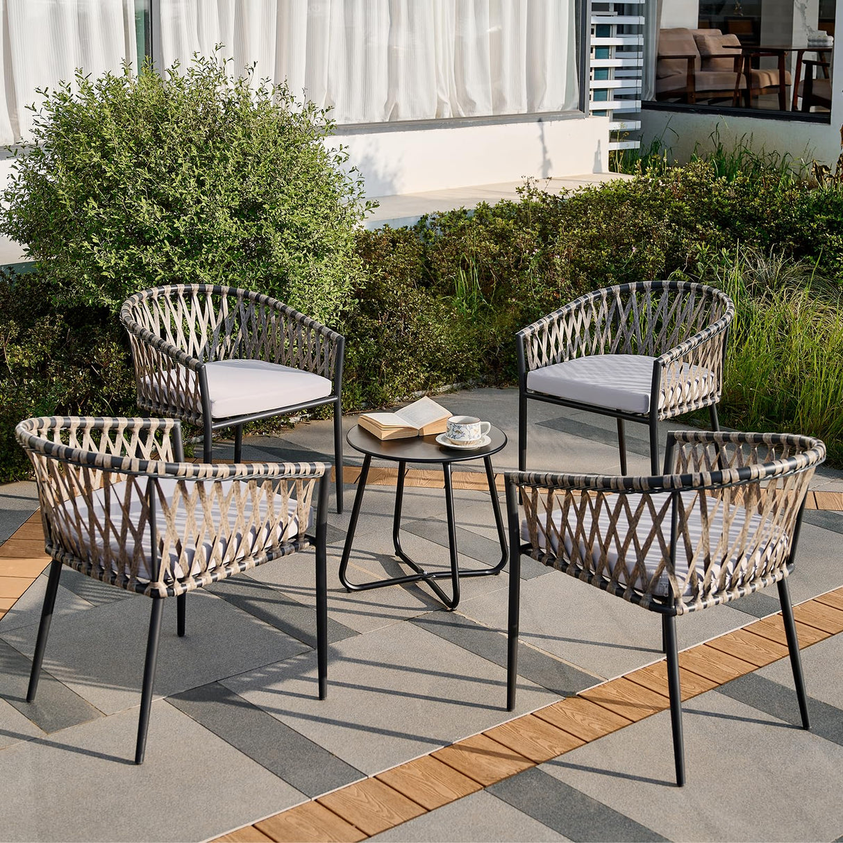 Thinlute Patio Dining Chairs Set of 4, Outdoor Rattan Wicker Chair with Armrest and Cushions, All-Weather Bistro Chairs with Curved Back for Garden, Backyard, Porch, Poolside, Deck, Gray Thinlute