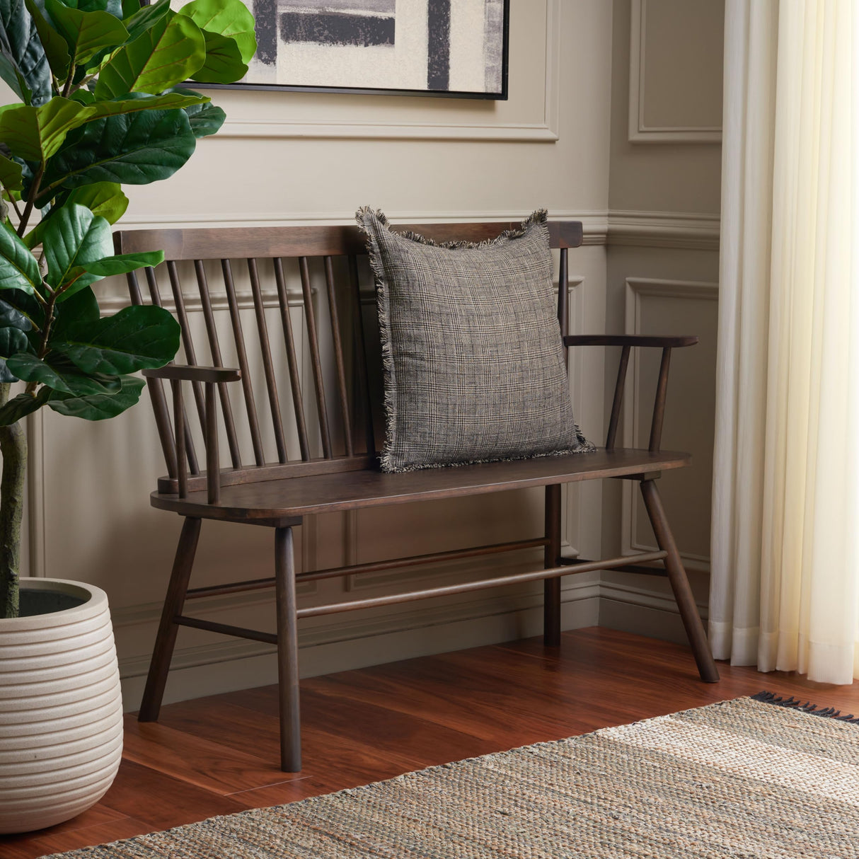 SAFAVIEH Home Collection Addison Farmhouse Dark Walnut Solid Wood Windsor Spindle Loveseat Bench Safavieh