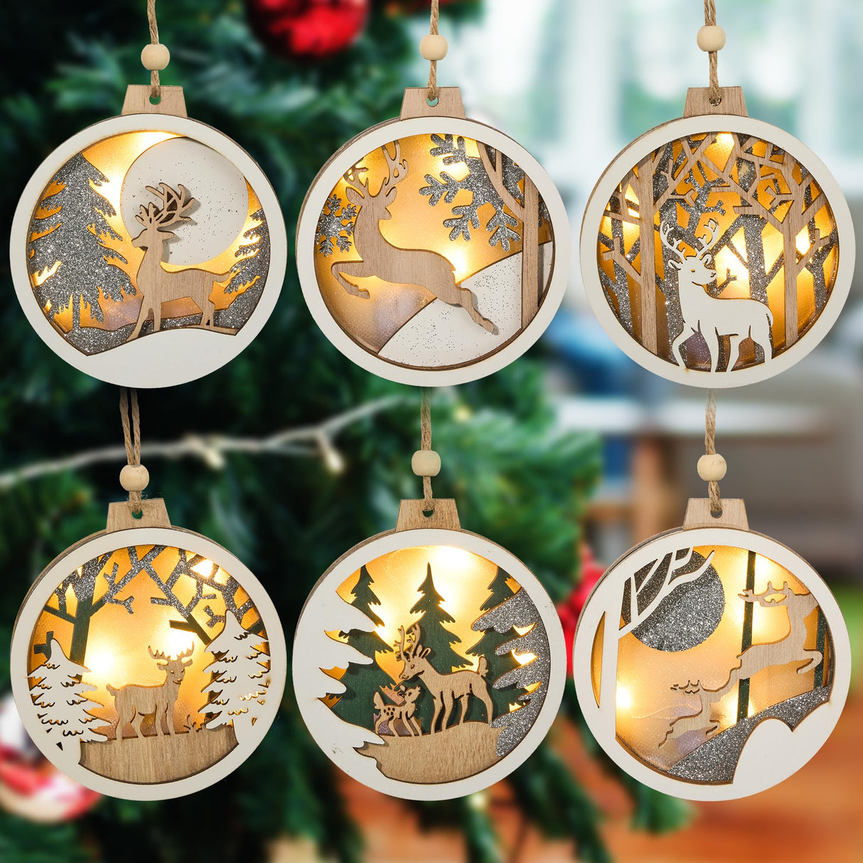Joiedomi 6 Pcs LED Christmas Hanging Wooden Reindeer Ornaments, Christmas Light Up Ornament for Christmas Tree Decoration, Xmas Lighted Pretty Ornament, Presents, Party Supplies Decorations Joiedomi