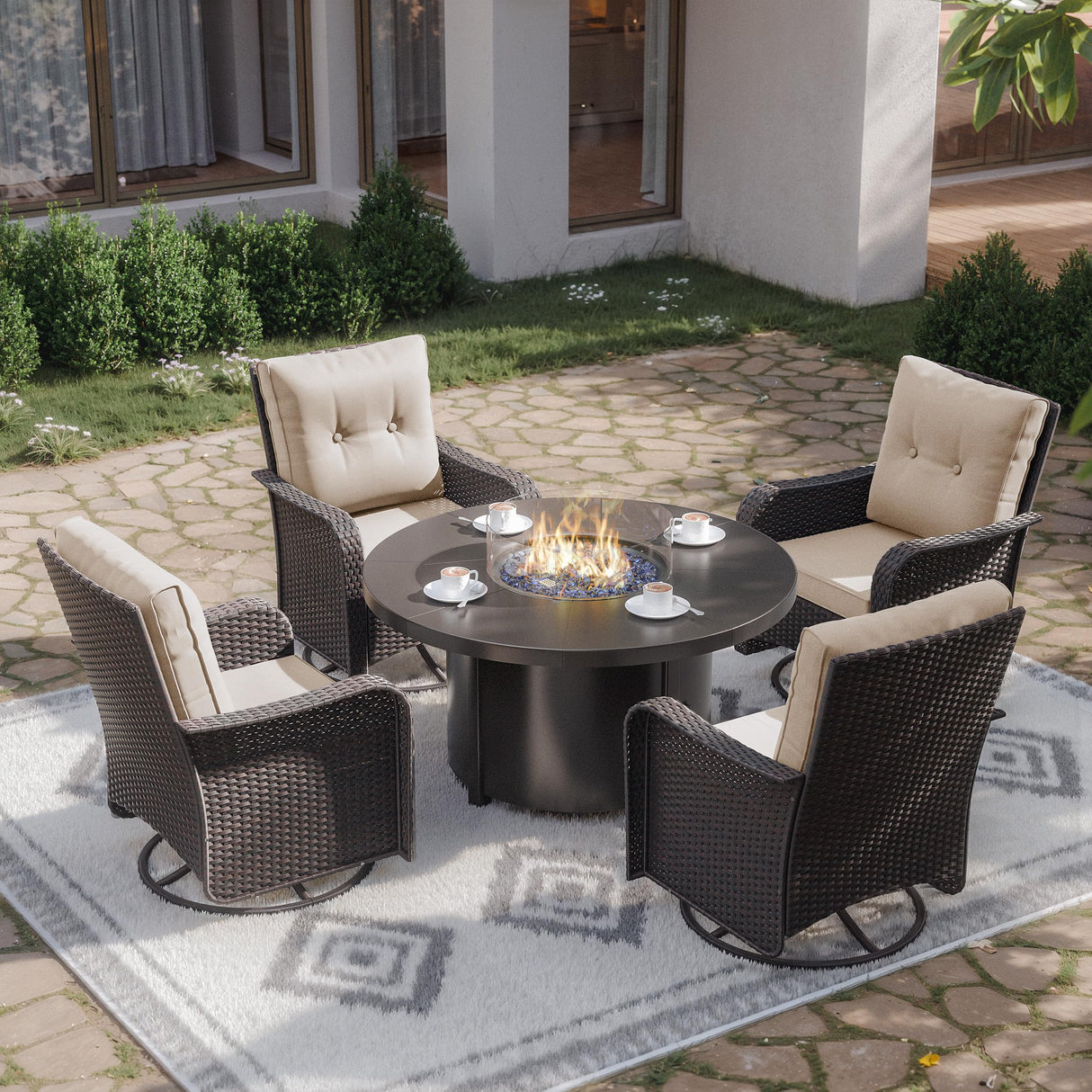Kurapika 5 Pieces Patio Furniture Set, Rattan Wicker Outdoor Conversation Sets, 4 Woven Rattan Swivel Chairs w/48in Propane Fire Pit Table and Thickened Cushions, Sand Kurapika