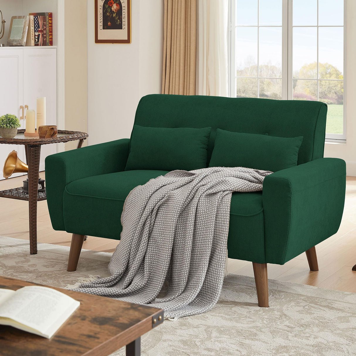 Portaforta 48" Small Loveseat Sofa, Mid Century Modern Love Seat Couch, 2 Seat Tufted Couches with Throw Pillows for Living Room, Apartment, Bedroom and Small Spaces, Green Portaforta