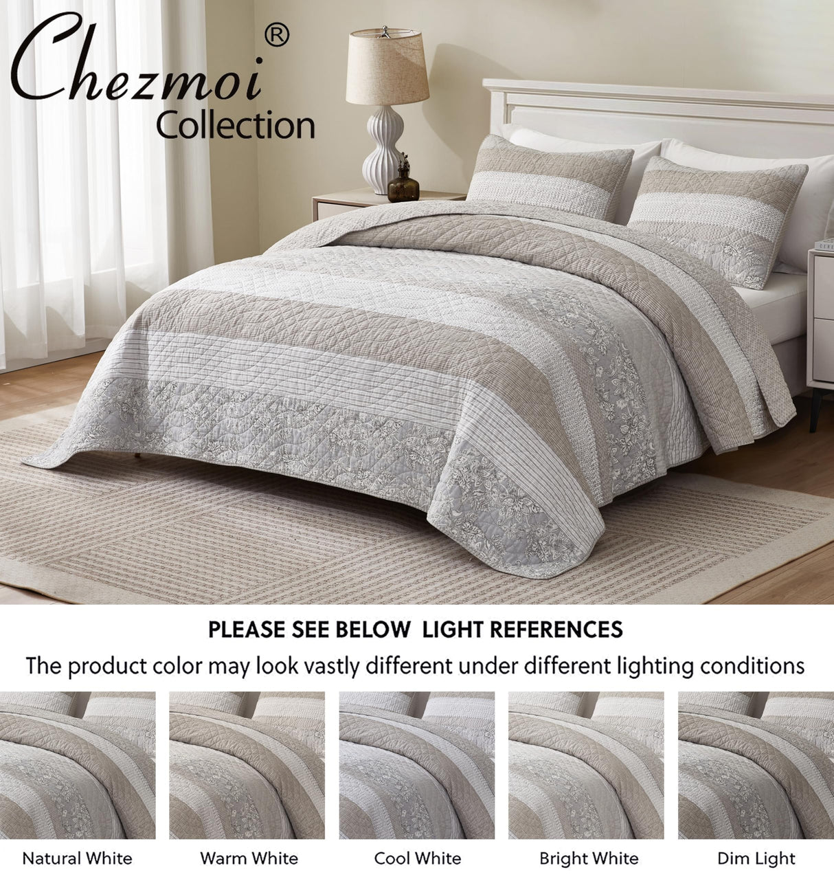 Chezmoi Collection Robyn 3-Piece Neutral Taupe Gray White Floral Hibiscus Flower Patchwork Striped Quilt Set - Pre-Washed Cotton Coverlet - Lightweight Reversible Bedspread, King Size Chezmoi Collection