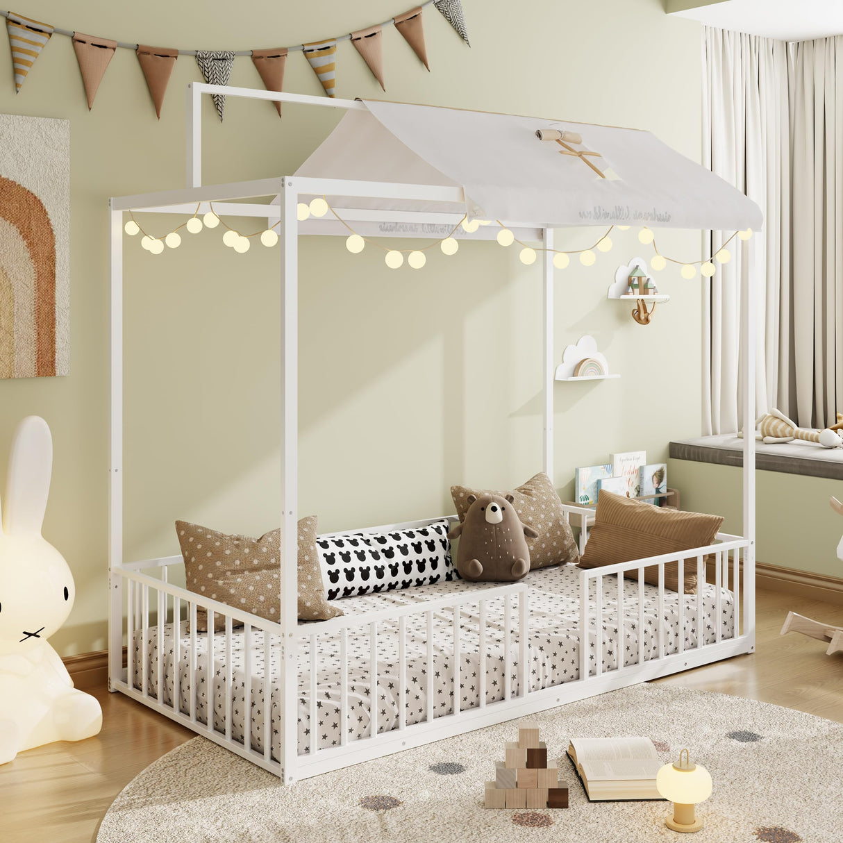 SOFTSEA 3-in-1 Convertible Twin Montessori Floor Bed, Twin Size Metal Canopy Bed with Metal Slats Support for Kids Teens, Adjustable Slats & Fence Guardrails, White SOFTSEA