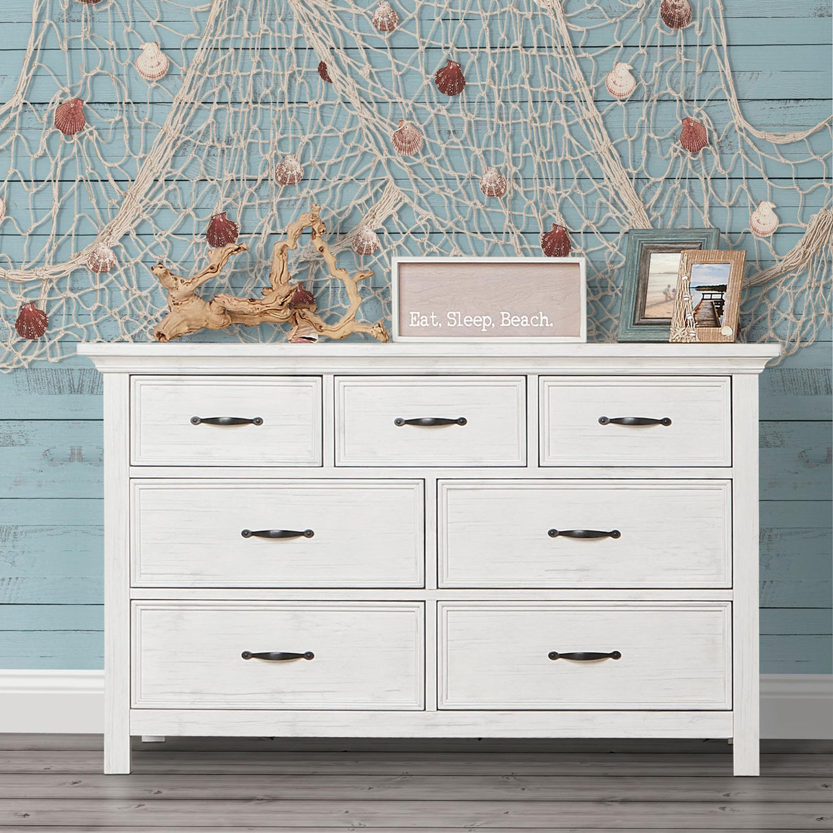 Evolur Belmar Double Dresser in Weathered White, Comes Assembled, Included Anti-Tip Kit, Seven Spacious Drawers, Dresser For Nursery, Bedroom, Wooden Nursery Furniture Evolur
