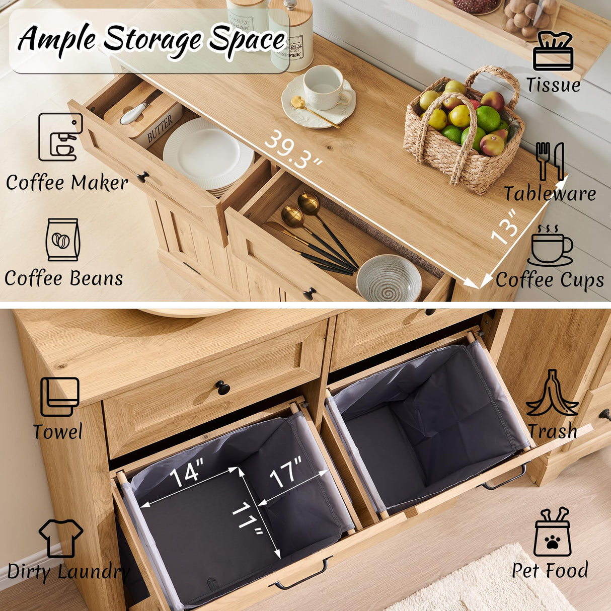 IFBUY Double Tilt Out Laundry Hamper Cabinet, 20 Gallon Farmhouse Trash Can Cabinet with Drawer, Hidden Wood Garbage Can Bin Cabinets with Laundry Storage Basket for Bathroom, Kitchen (Natural) IFBUY