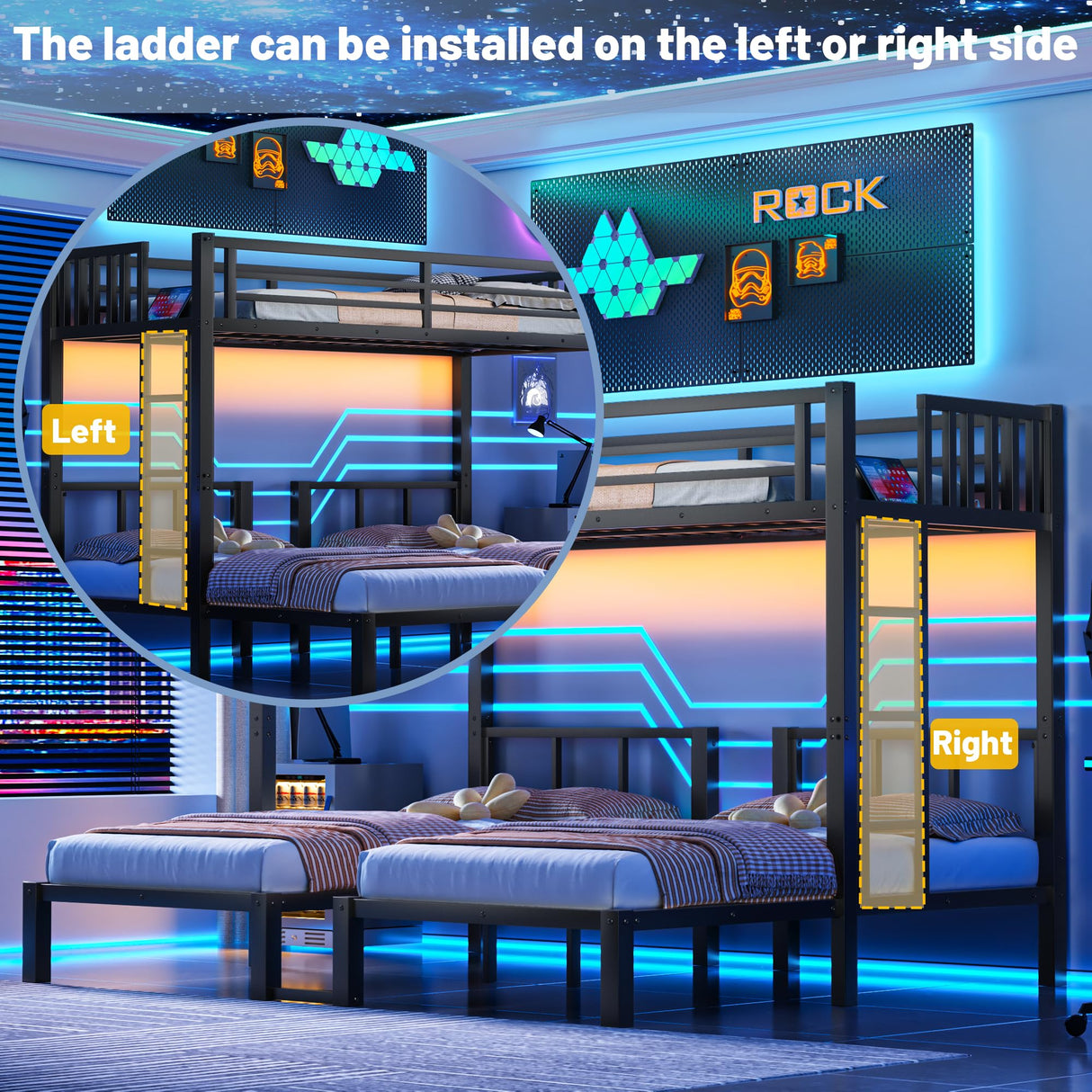 Triple Bunk Beds for Kids with LED Light,Metal 3 Beds Bunk Bed with USB Charge Station & Storage Shelf, Convertible Three Bunk Beds for Girls Boys Teens,Can be Separated into 3 Beds, Black MoproBeti