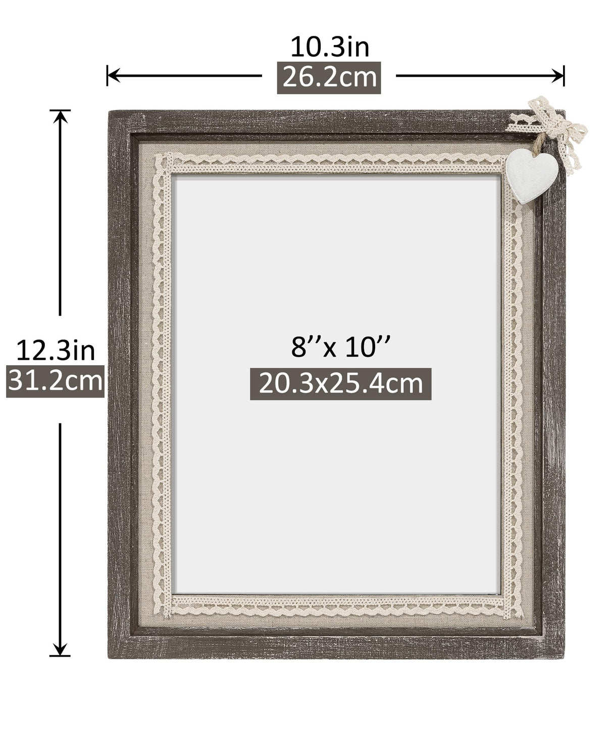 Sapowerntus 8x10 Picture Frames Rustic Wood Farmhouse Cute Heart Love Solid Wooden Family Photo Frame Lace Bow Glass Boho Wall Decor Hanging Tabletop Kids Mom Mother Wedding Gift Sapowerntus