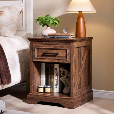 ACCOHOHO 18" Farmhouse Nightstand with Charging Station, Bedside Table with Drawer and Large Open Shelf, Rustic End Table for Bedroom - Brown