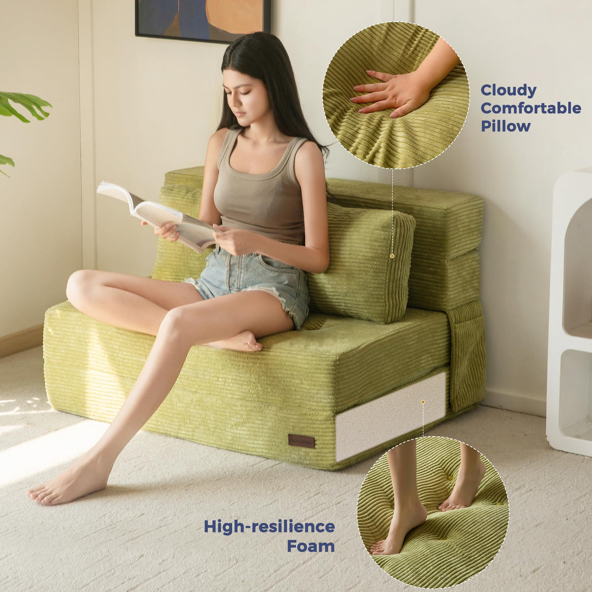 MAXYOYO Convertible Sofa Bed, Fold Out Loveseat Sleeper Sofa with Pillow, 4 in 1 Tufted Folding Couch Bed Foam Floor Couch, Lazy Chair for Living Room Bedroom Guest Room, Green MAXYOYO