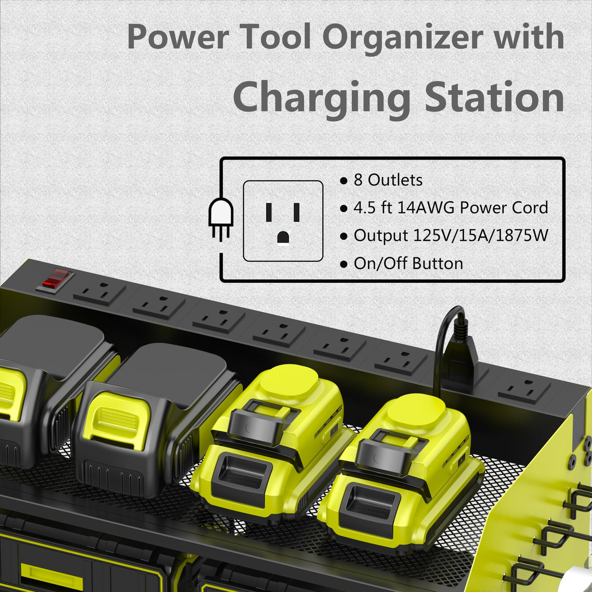 Wall Mount Drill Storage Rack with Charging Station Power Tool Organizer Drill Holder Drill Bit Organizer for Garage Workshop Holds 4 Drills with 8 Outlet Power Strip Christmas Gift(Green Three Layer) Luffioner