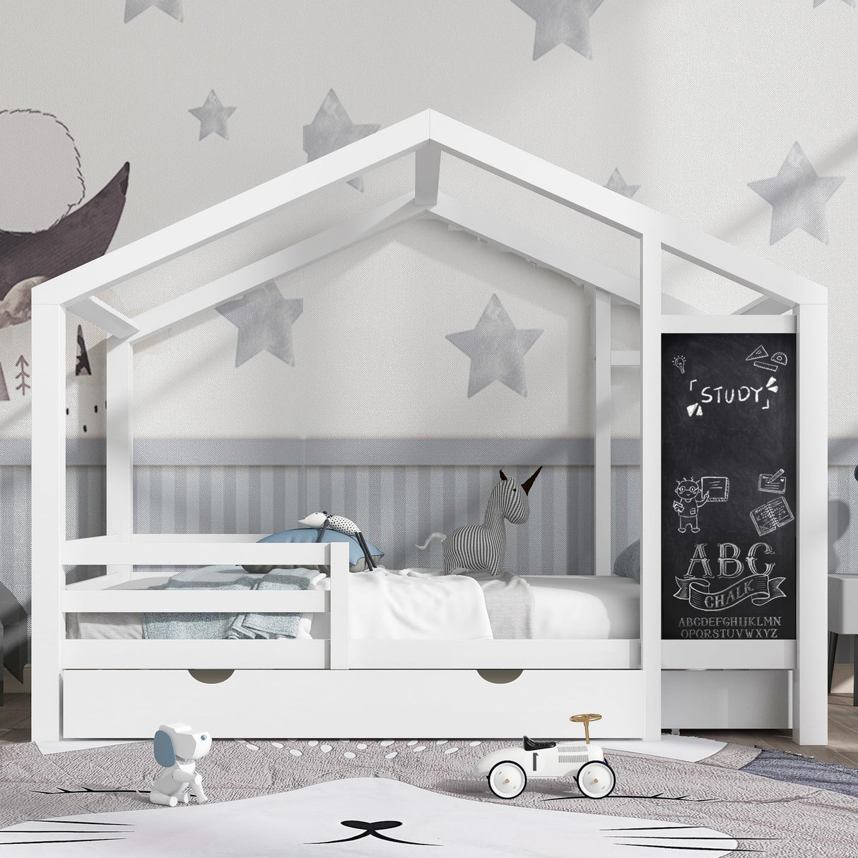 DNYN Full Size House Bed with Storage Drawers and Blackboard for Kids - Space-Saving Solid Wood Bedframe in White DNYN