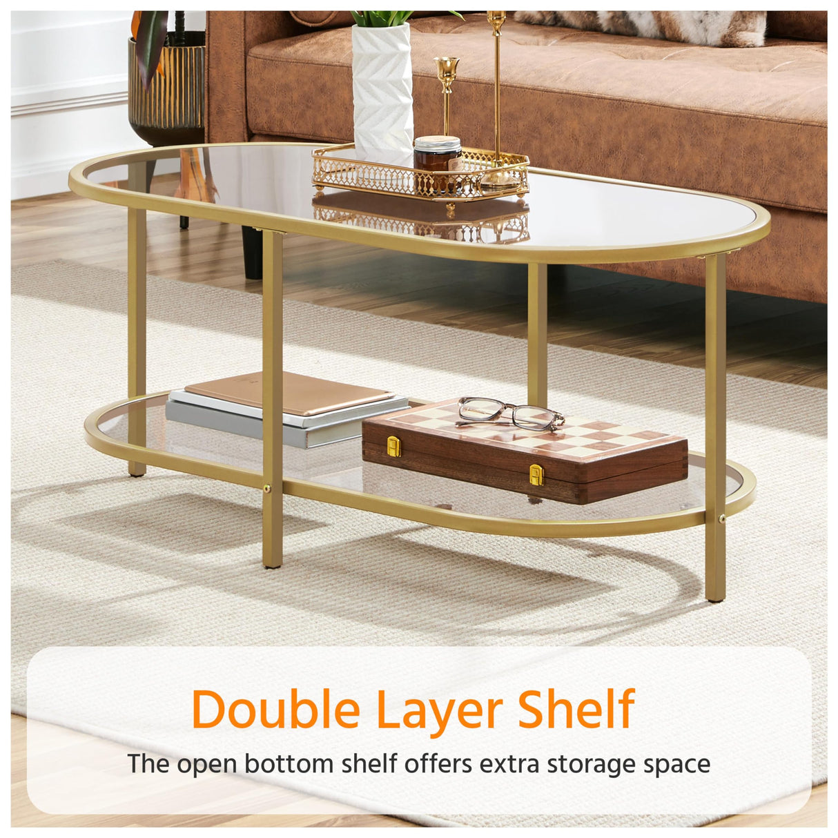 Yaheetech Gold Coffee Table, 42" Oval Glass Coffee Table for Living Room, 2-Tier Center Tea Table with Storage Shelf & Metal Frame for Small Space, Office Yaheetech