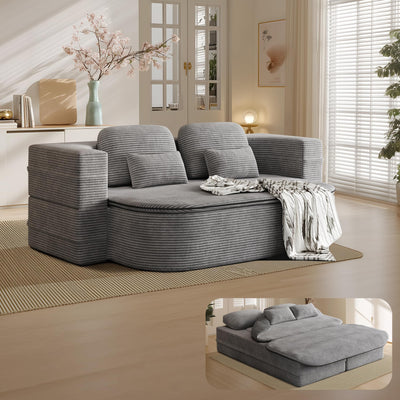 IZLKQC 75'' Convertible Folding Sofa Bed, Memory Foam Couch, Foldable Full Size Love Seat Sleeper Bed, 2-in-1 Foldable Curved Sleeper Sofa with 4 Pillows and Blanket for Living Room (Corduroy, Gray)