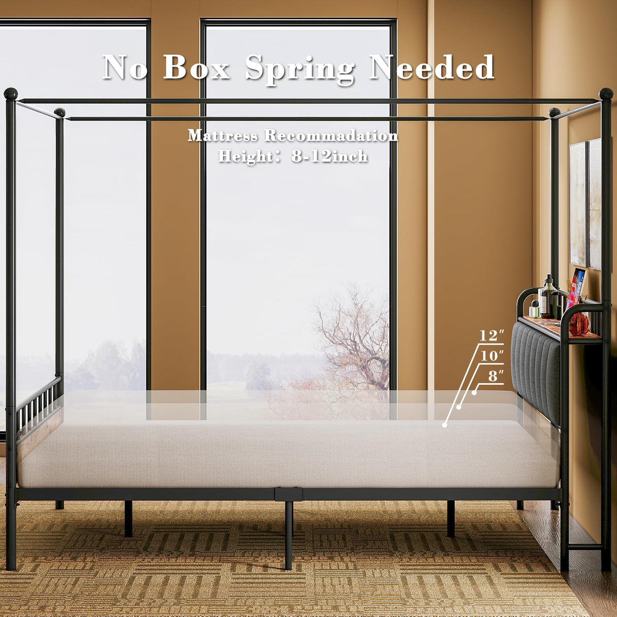 LIKIMIO Canopy Bed Frame Full, Storage Headboard with Charging Station, Platform Bed with 4 Removable Sturdy Posts, Noise Free, No Box Spring Needed, Vintage Brown LIKIMIO