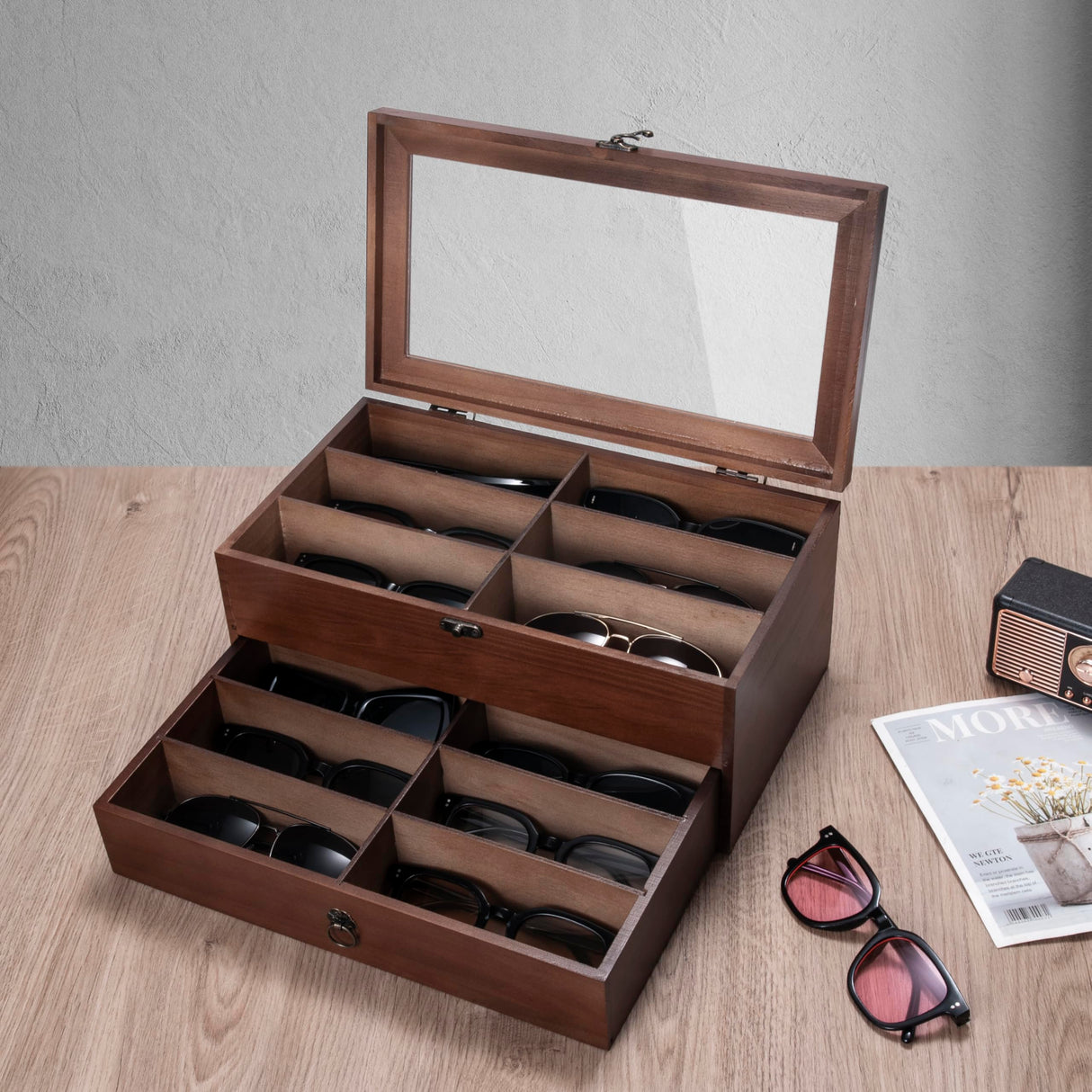 humberboat Sunglasses Storage Organizer, 12 Slots Wooden Lens Box Multiple Pairs Eyeglasses Case Sunglasses Case Holder Watches Jewelry Collection for Men Women Glasses humberboat