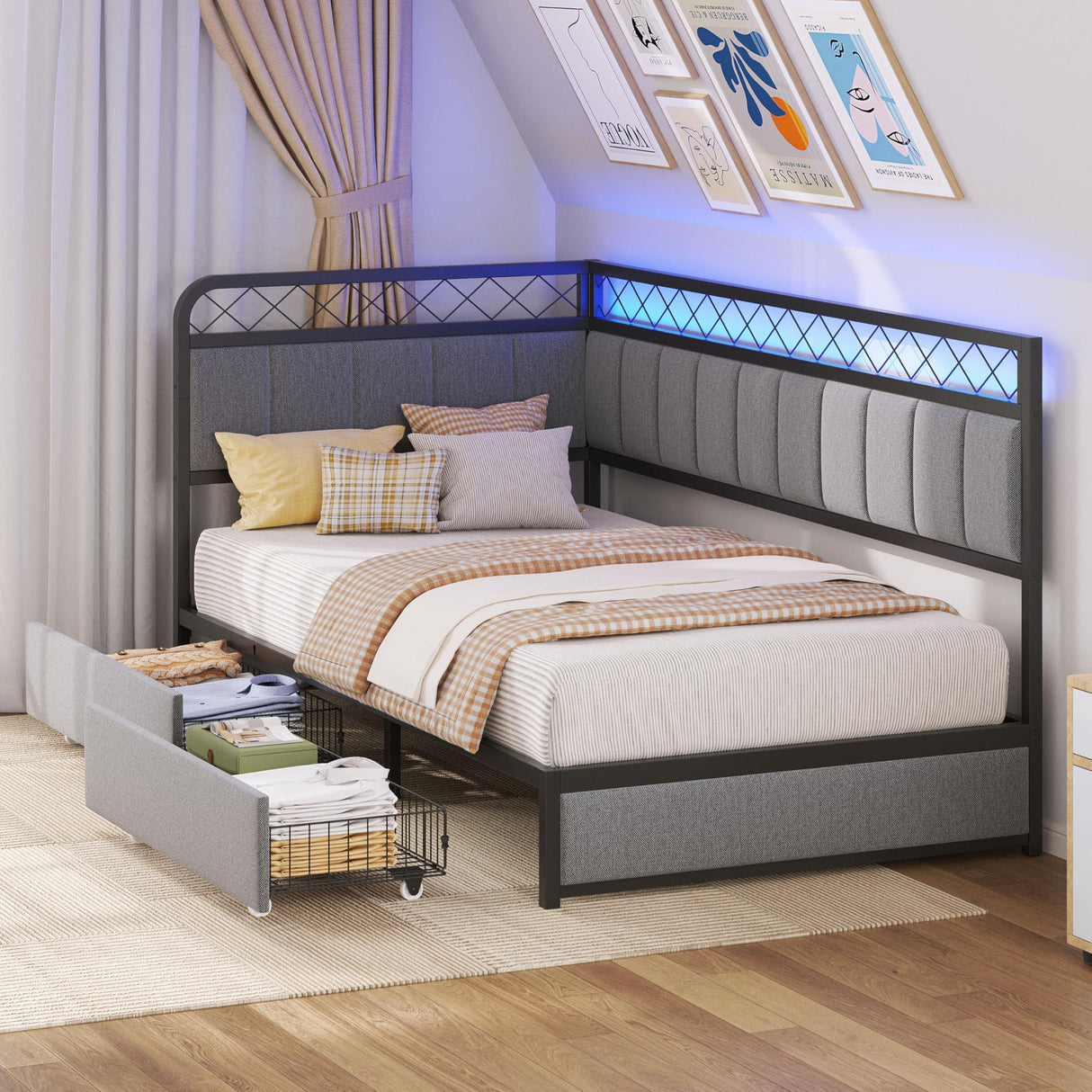 ANCTOR Twin Daybed with 2 Storage Drawers, Corner Bed Frame with LED and Charging Station, Metal Platform Daybed Frame for Living Room, Bedroom and Guest Room, Gray ANCTOR