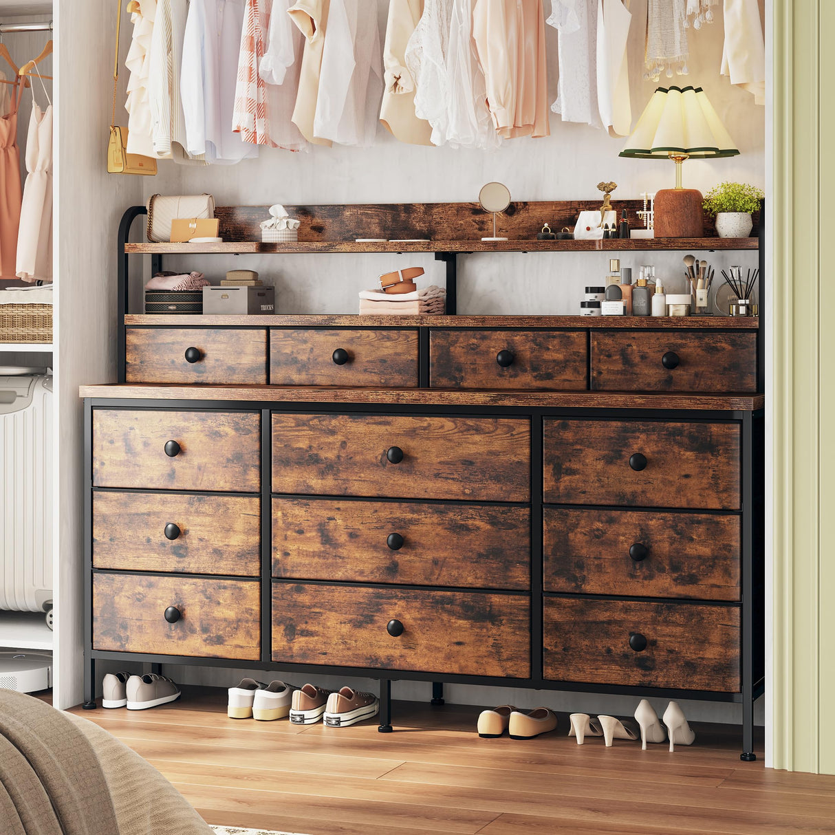 EnHomee 51.2" W Dresser for Bedroom with LED Lights, 13 Drawer Dresser for Bedroom, Long Dressers & Chests of Drawers with Shelves, Large Fabric Dresser for Closet Hallway, Rustic Brown EnHomee