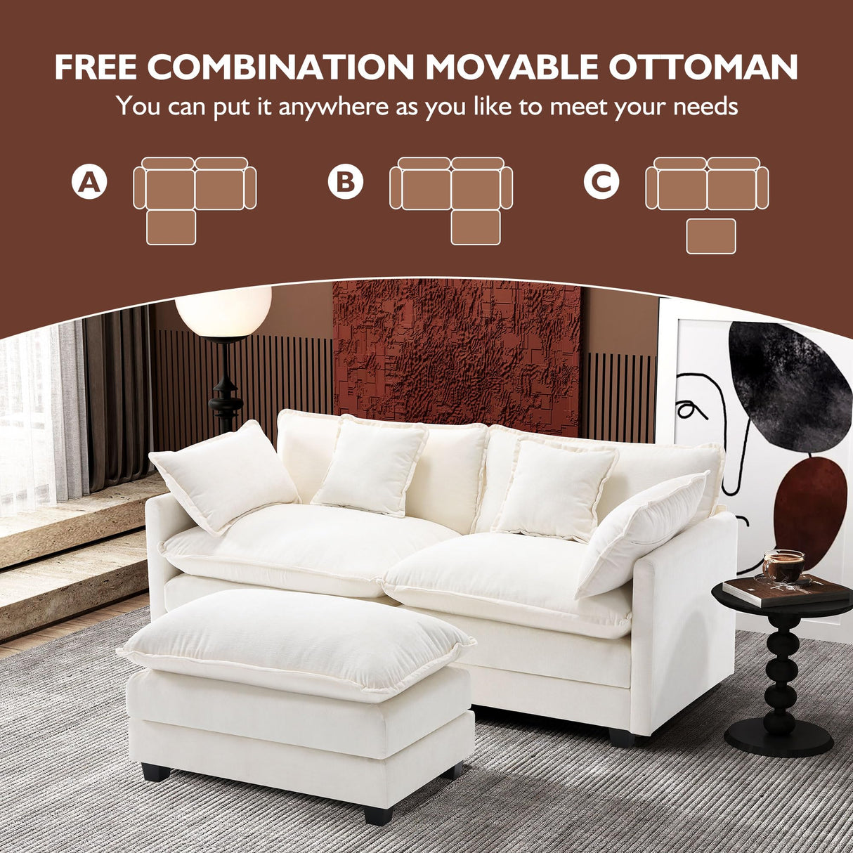 Ihanherry 77" L Shaped Modern Sofa Modular Sectional Cloud Couch with Ottoman, 3-Seat Chenille Deep Seat Sofa with Pillow for Living Room, Bedroom and Apartment, Beige Ihanherry