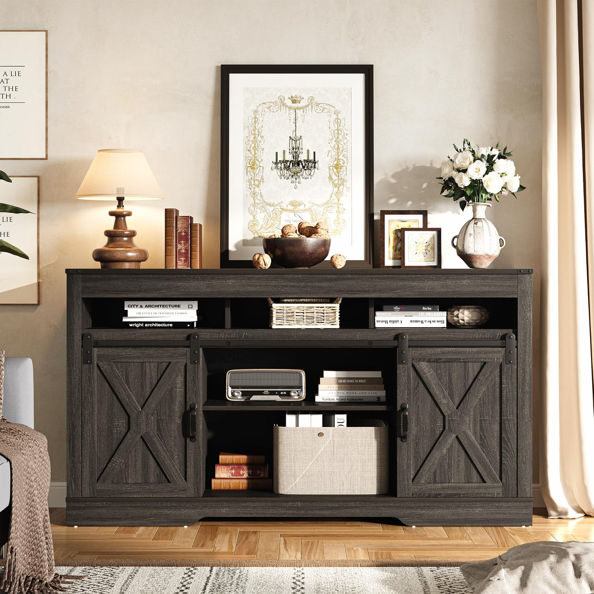 RoyalCraft TV Stand for 65+ Inch TV, Farmhouse 34'' Tall Entertainment Center for 23" Fireplace, Rustic TV Console with Sliding Bar Door for Living Room (Dark Grey) RoyalCraft