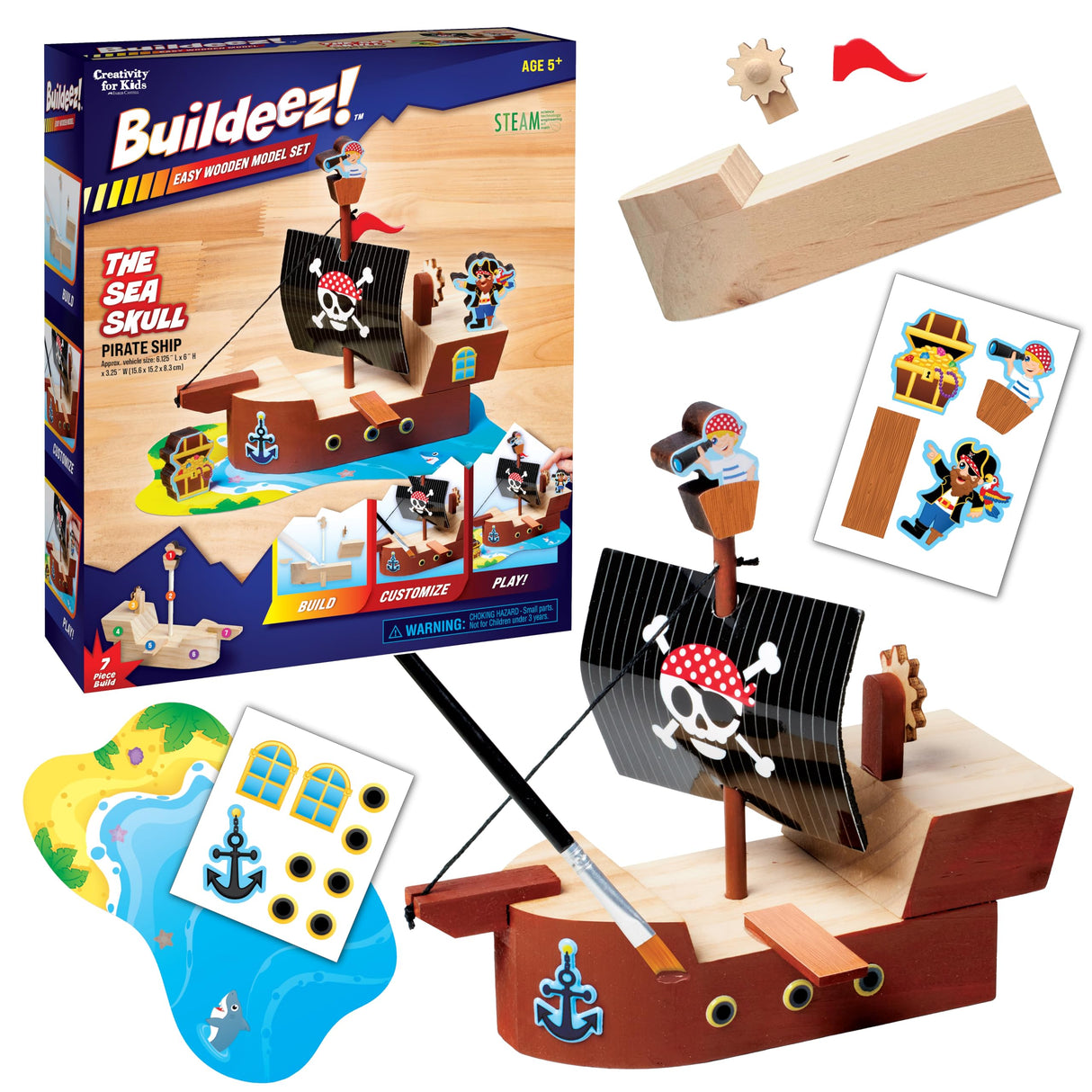Creativity for Kids Buildeez! Easy Wooden Model Set: Pirate Ship, Sea Skull - DIY Arts & Crafts Kit, STEM Toys and Gift for Kids, Boat Toys for Boys (Ages 5+) Creativity for Kids