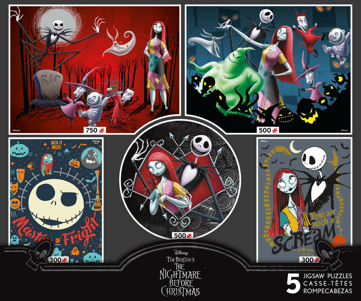 Ceaco - 5 in 1 Multipack - Disney - Tim Burton's The Nightmare Before Christmas - (2) 300 Piece, (2) 500 Piece, (1) 750 Piece Jigsaw Puzzles Ceaco