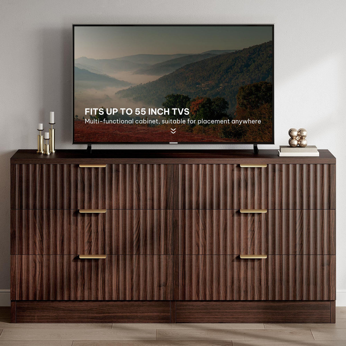 DWVO 6 Drawer Dressers, High Gloss White Dressers Drawers with Fluted Panel, Wide Versatile TV Stand Cabinet Table for Kitchen and Office, Walnut DWVO