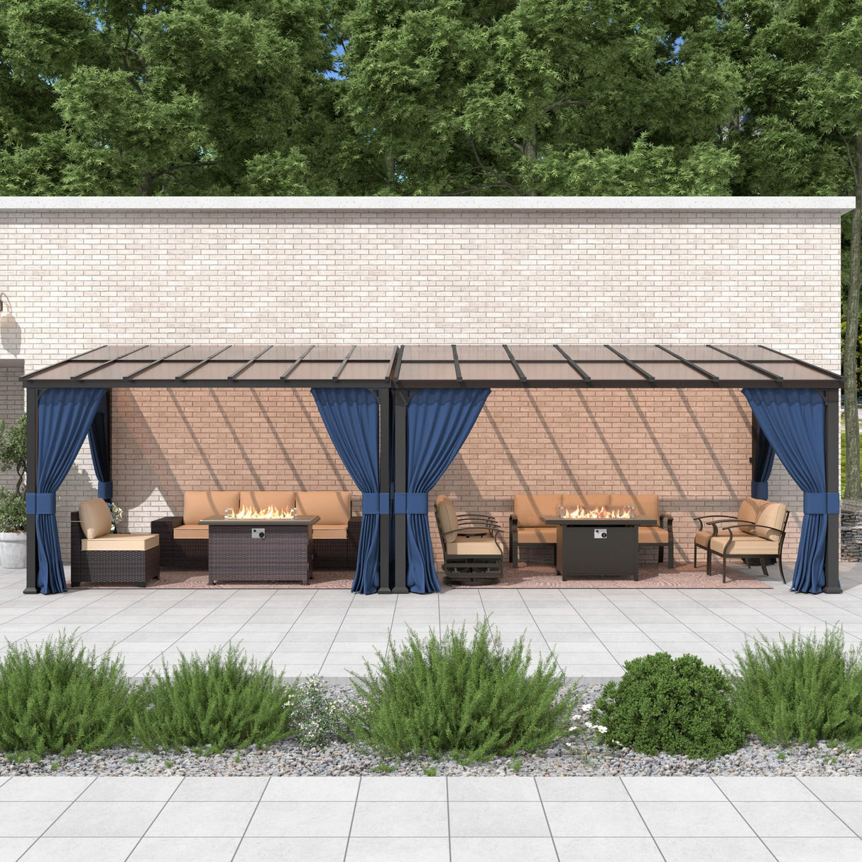 Gotland 10FTx26FT Outdoor Wall-Mounted Hardtop Pergola, Metal Frame Gazebo with Sloping Sun Panel Roof and Double Curtains for Patio, Garden, Lawn, Navy Gotland