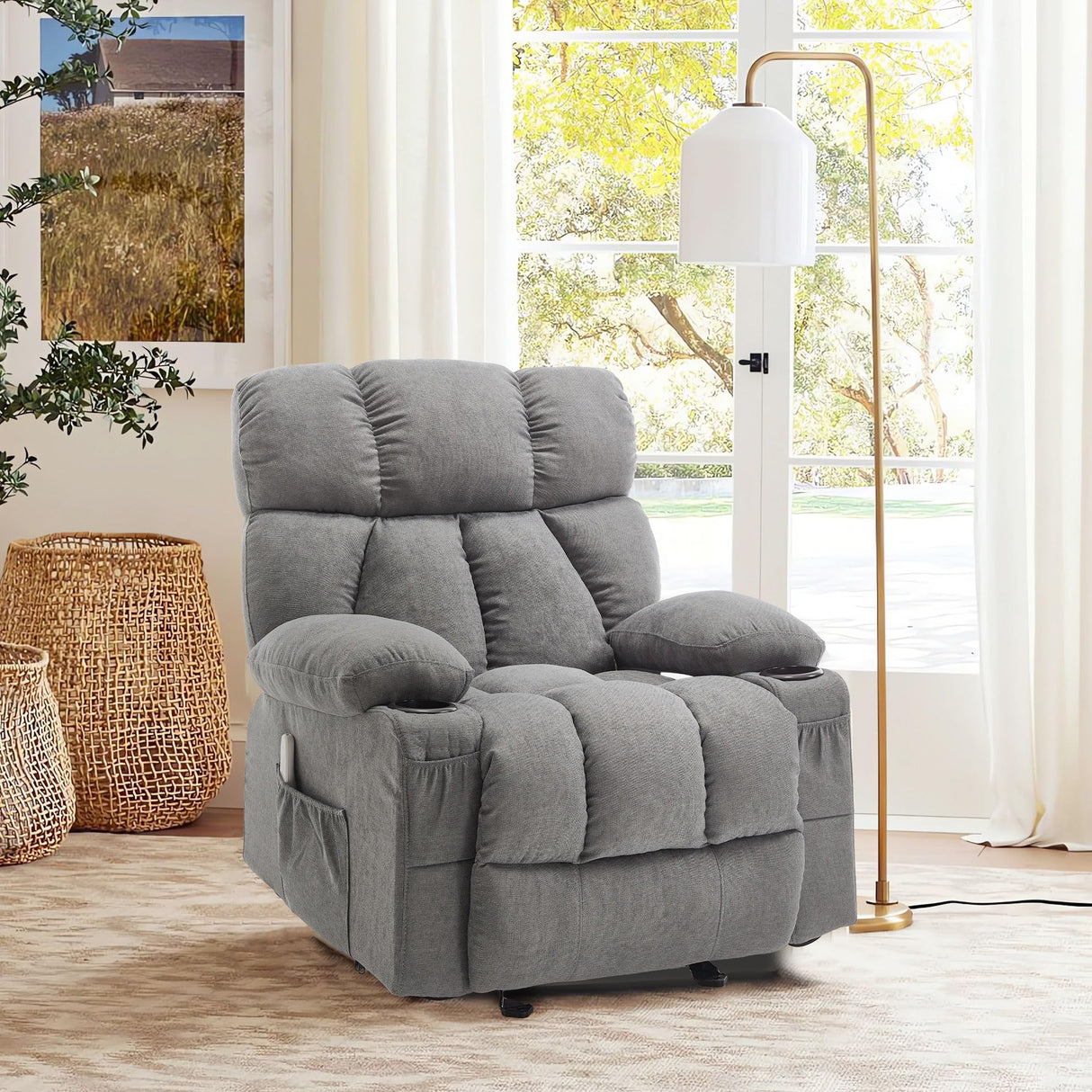 Massage Rocker Recliner Chair with Heat and Vibration Ergonomic Rocking Lounge Chair for Living Room Comfy Overstuffed Recliner with 4 Side Pockets,2 Cup Holders, USB Charge Port, Grey jonpony