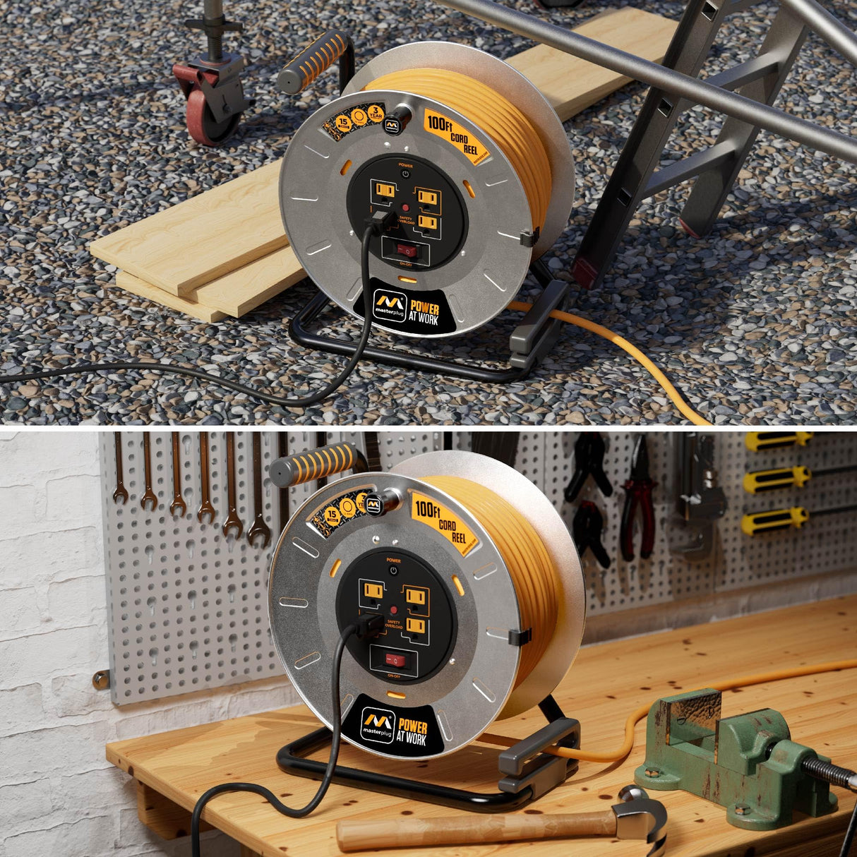 Masterplug 100ft Cord Reel, Metal Cable Drum, Retractable Extension Lead with Winding Handle, Safety Overload Circuit Breaker and Power Switch, 4x Grounded Outlets, 15amps, 12AWG Cable Masterplug