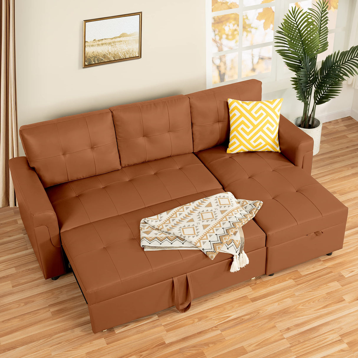 Naomi Home Jenny Sectional Sofa Sleeper with Storage Chaise, Tufted Pull Out Couch with Storage, Sectional Bed, L-Shaped Reversible Sleeper Sofa, Caramel,Air Leather Naomi Home