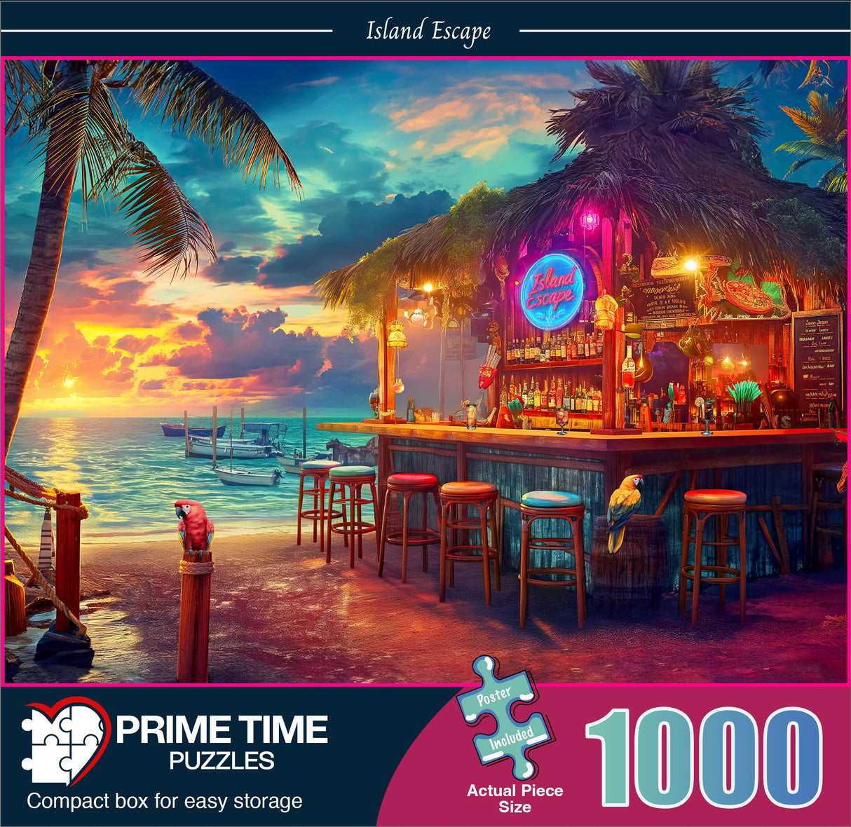 Prime Time Puzzles 1000 Piece Jigsaw Puzzle for Adults - Beach Bar at Sunset - Challenging Puzzle Perfect for Game Nights - 1000 Piece Puzzle for Adults. 20x27 inches(Island Escape) Prime TIme Puzzles