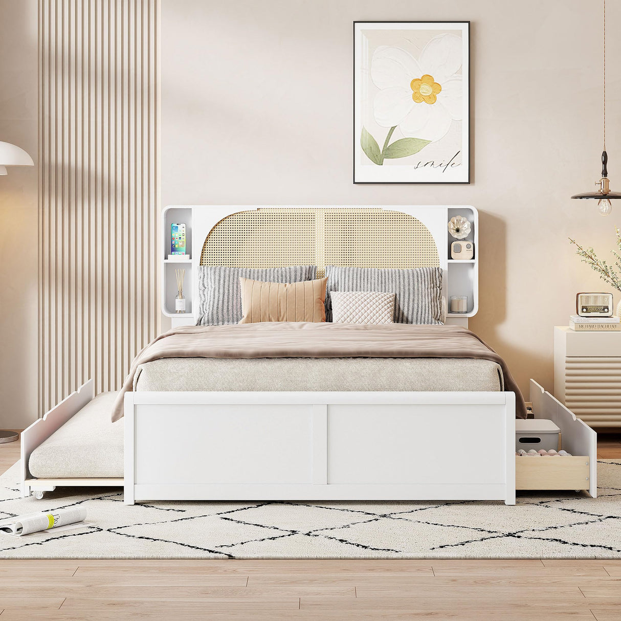 Mid-Century Modern Platform Bed with Pull-Out Trundle and 2 Storage Drawers, Queen Size Wooden Bed Frame with Rattan Design Headboard for Home Apartment Limited Living Spaces, No Box Spring Needed FULife