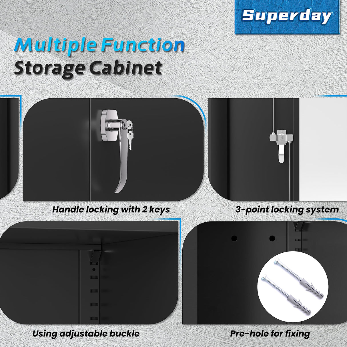 Superday 71" Lockable Steel Storage Cabinet, Locking Metal Storage Cabinets, Tall Black Cabinet with 2 Doors and 4 Adjustable Shelves for Garage, Superday