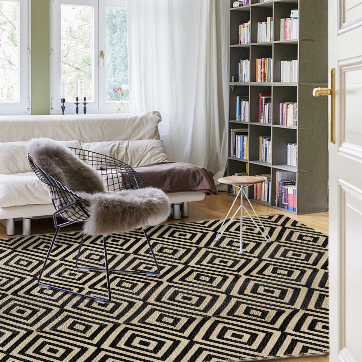 Ridota Reversible Mats, Outdoor Patio Rugs, Plastic Straw Rug, Modern Area Rug, Floor Mat for Outdoors, RV, Patio, Backyard, Deck, Picnic, Beach, Trailer, Camping (Diamond Black & Beige, 5' x 8') Ridota