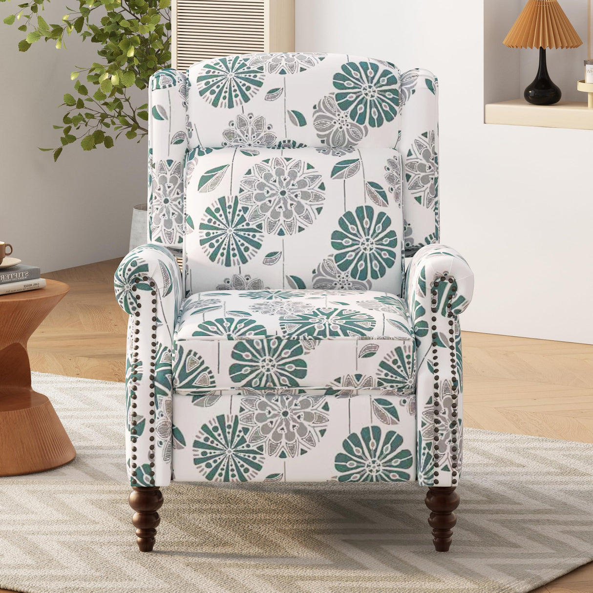 Christopher Knight Home 29.75" Push Back Recliner Chair,Upholstered Recliner Armchair with Classic Wing Back and Solid Gourd-Shaped Wooden Legs, White&Blue Christopher Knight Home