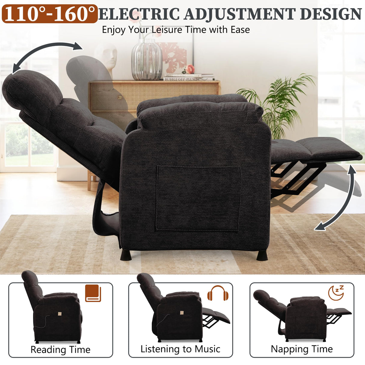 Veemuaro Electric Recliner Chair, Power Recliner Sofa with Remote, Adjustable Backrest and Side Pocket, 7-Zone Support, 350 LBS, Soft Chenille Fabric Armchair for Living Room Bedroom, Black Veemuaro