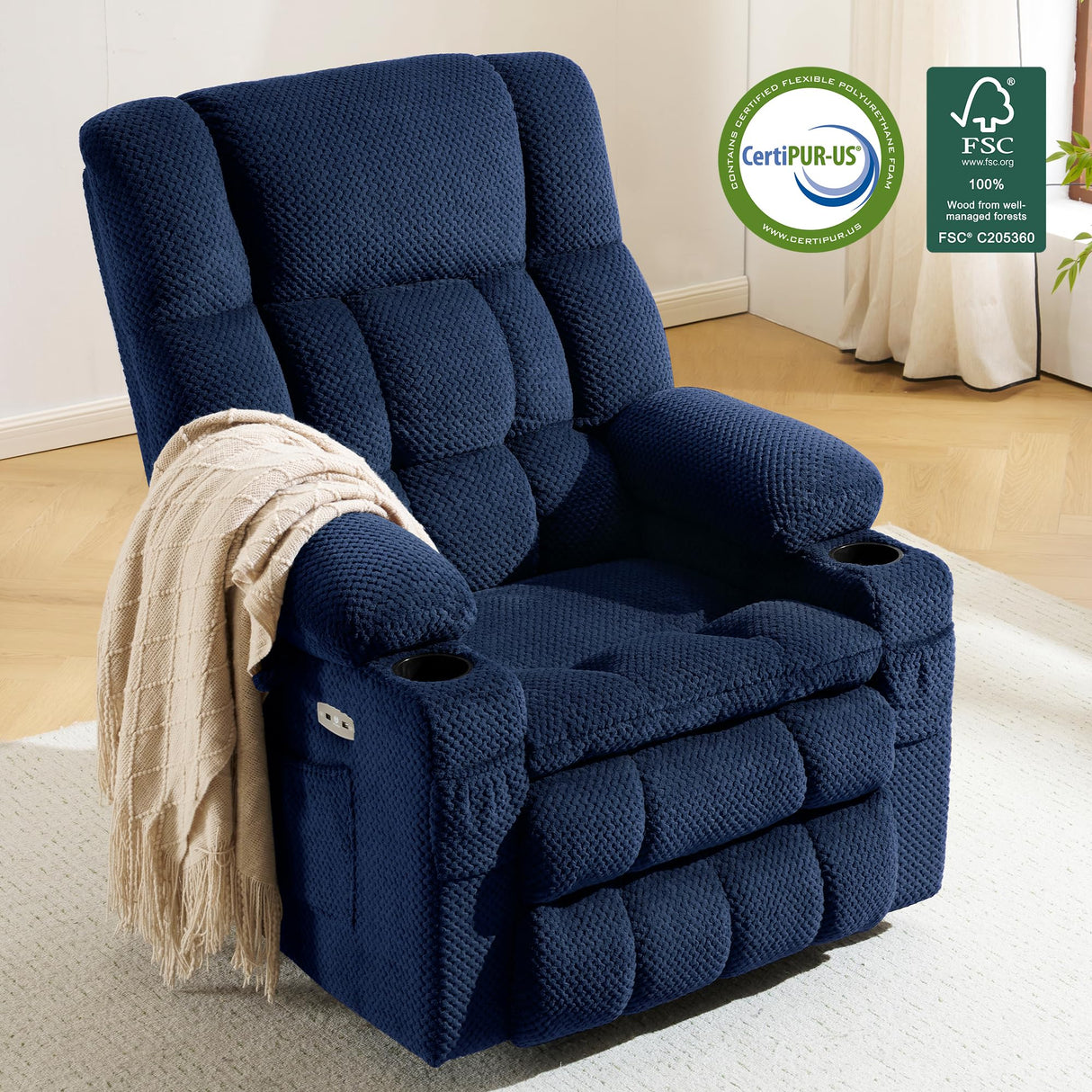 MCombo Dual Motor Large Power Lift Recliner Chair for Elderly, Lay Flat Lift Chair with Heat and Massage, Big Lift Recliner for Tall People, Cup Holders, Fabric 7896 (Large, Navy Blue) MCombo