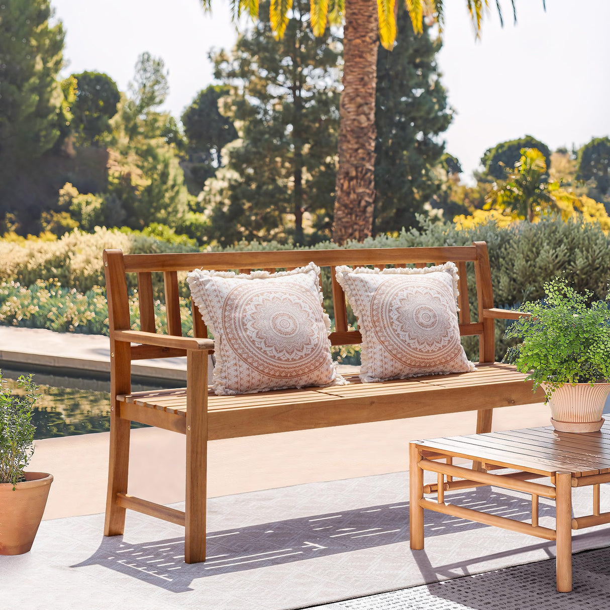 Devoko Outdoor Bench, 2-Person Garden Bench, Patio Wood Bench Outdoor Loveseat with Pull-Out Center Table for Backyard, Balcony and Patio and Garden (Log Color) Devoko