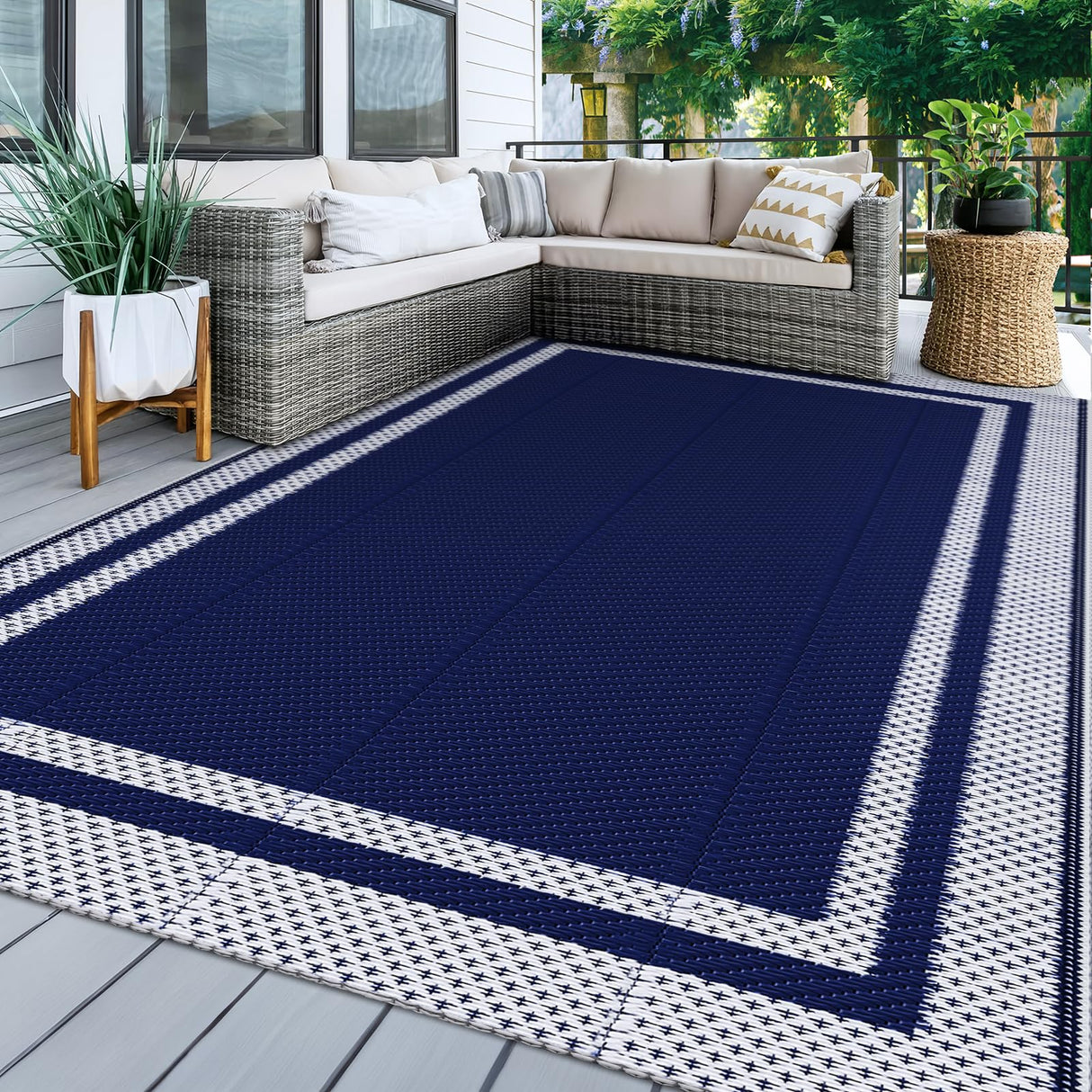 KMAT Outdoor Rug, Waterproof Reversible Patio Rugs, 5x8ft Large Outdoor Area Rug Foldable Plastic Camping Rugs for Outside RV, Patio,Picnic,Camper,Balcony,Porch (Blue &White) KMAT